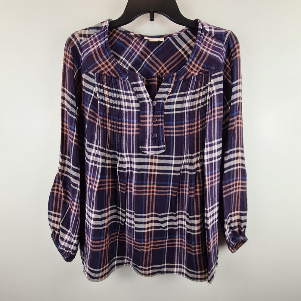 Style & Co Woman Purple Plaid Pintuck Henley Blouse Plus Size 1X Rayon Boho Top